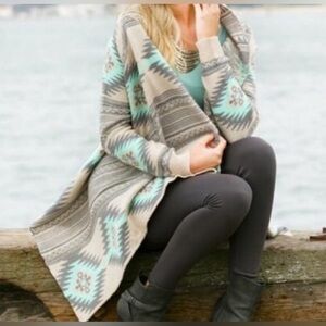 DREAMERS Gray Mint Aztec Southwestern Santa Fe Waterfall Open Cardigan sz Small